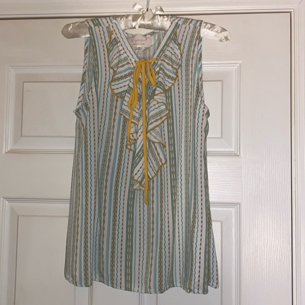 SUGARFOX Women’s Mint Boho Vertical Stripped Ruffled Tie Soft Flowing Top SZ S